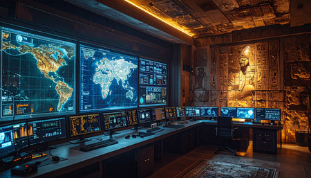 In the depths of a secret underground bunker, a state-of-the-art command center monitors global events in real-time.の素材