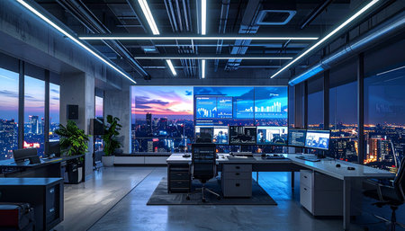 As the sun sets over a sprawling metropolis, a state-of-the-art command center lies quiet yet vigilant.の素材