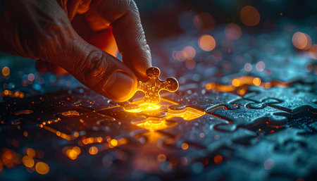 In a moment of clarity, a hand carefully places the final, glowing piece into a complex puzzle.の素材