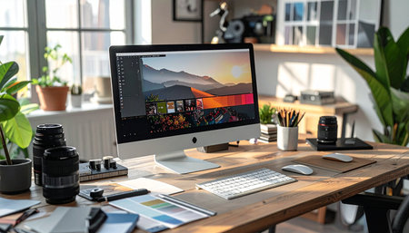 Sunlight streams into a beautifully organized creative studio, illuminating a modern iMac on a wooden desk.の素材