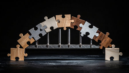Diverse wooden puzzle pieces, each unique in color and grain, come together to form a strong, supportive arch.の素材