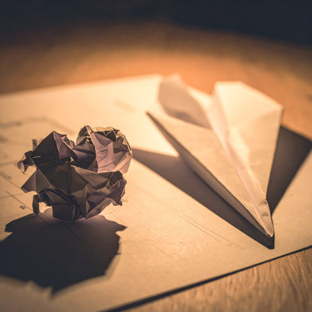On a wooden desk, a crumpled ball of paper sits as a testament to a discarded idea.の素材