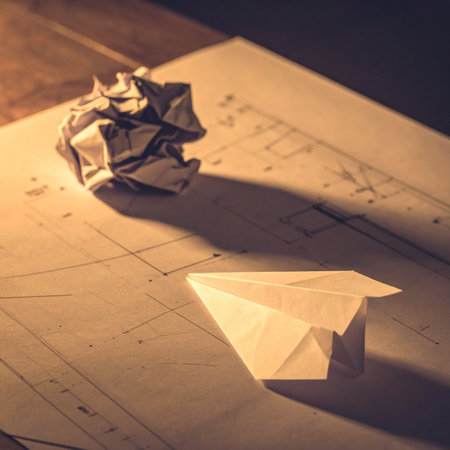 In the warm glow of a desk lamp, a crumpled paper ball represents a discarded idea.の素材