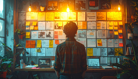 In the quiet focus of a dimly lit room, a dedicated individual stands before a wall of interconnected ideas.の素材