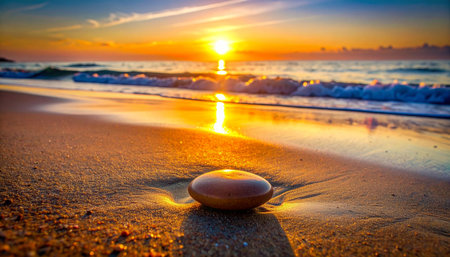 As the golden sun dips below the horizon, its warm light kisses the wet sand and a single smooth stone.の素材