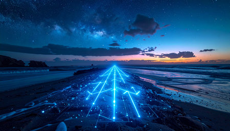 Glowing blue neon arrows illuminate a path on a deserted beach at twilight, symbolizing a journey forward into the digital future.の素材