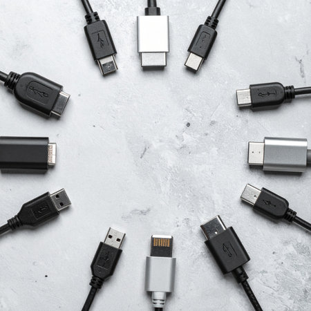 A top-down view captures the essential tools of our digital age.の素材