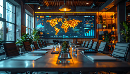 The boardroom is quiet, but the glowing world map tells a story of constant activity.の素材