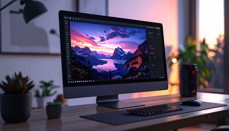 As dusk settles, a creative professional's modern workspace is illuminated by the glow of a vibrant digital landscape on the computer screen.の素材