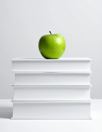 A single, crisp green apple rests atop a clean stack of white books, symbolizing the essential connection between knowledge and health.の素材