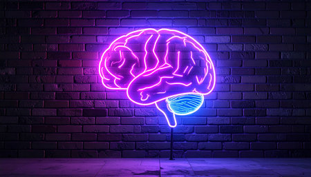 A vibrant neon brain glows with pink and blue light against a dark brick wall.の素材