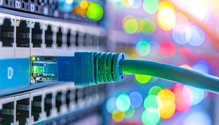 A vibrant blue ethernet cable clicks into place, establishing a critical link in a bustling data center.の素材
