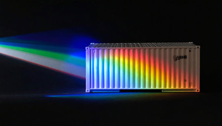 A beam of light refracts into a vibrant rainbow spectrum, illuminating a miniature shipping container against a stark black background.の素材