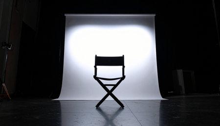 A single director's chair sits empty in the stark glare of a spotlight, its silhouette a powerful symbol of an upcoming audition, an important interview, or a vacant position of power.の素材