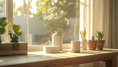 Golden morning sunlight streams through a window, illuminating a collection of houseplants and simple decor on a wooden sill.の素材
