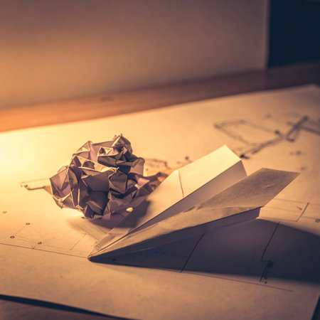 On a warmly lit desk, a finished paper airplane sits ready for flight, a symbol of a successful idea.の素材