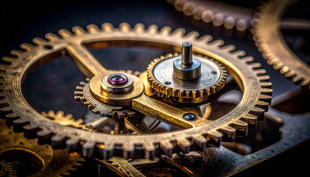 A macro view reveals the complex inner workings of a vintage clockwork mechanism.の素材