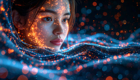 A woman's face emerges from a flowing river of digital information, her consciousness merging with the data stream.の素材