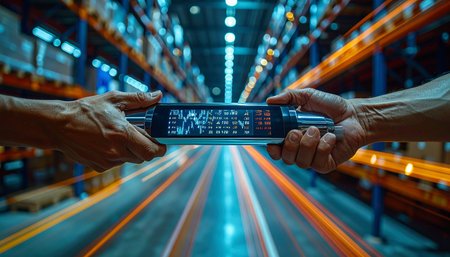 In a bustling, automated warehouse, two professionals exchange critical supply chain data on a transparent, futuristic device.の素材