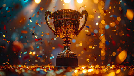 In a dazzling explosion of colorful confetti and brilliant spotlights, a magnificent golden trophy stands as the ultimate symbol of victory.の素材