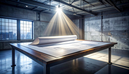 In a quiet industrial loft, a single spotlight illuminates a freshly unrolled blueprint, revealing the master plan for a groundbreaking project.の素材