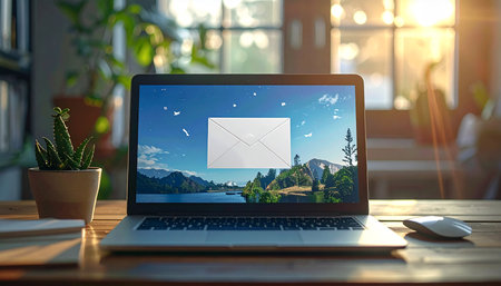 A new day begins in a tranquil home office, where a laptop sits ready on a wooden desk, bathed in warm morning sunlight.の素材