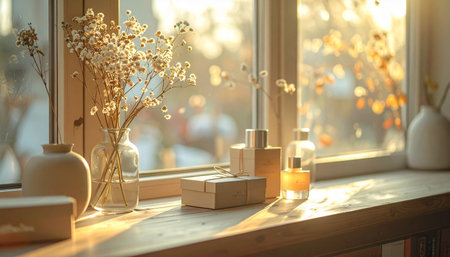 A quiet moment captured as the warm, golden light of sunrise streams through a window, illuminating a collection of perfume bottles and dried flowers on a wooden sill.の素材