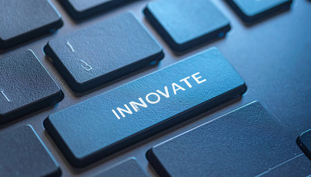 A single press of the 'Innovate' button on a sleek, modern keyboard can launch a new idea, spark a breakthrough, or begin a digital transformation.の素材