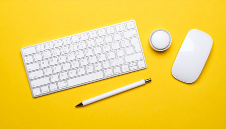 A clean and modern desk setup, featuring essential white wireless technology against a vibrant yellow backdrop.の素材