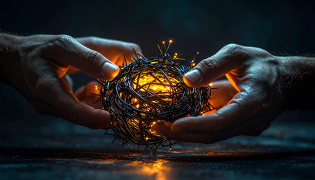 In the darkness, two pairs of hands come together, carefully cradling a fragile, glowing orb of tangled light.の素材