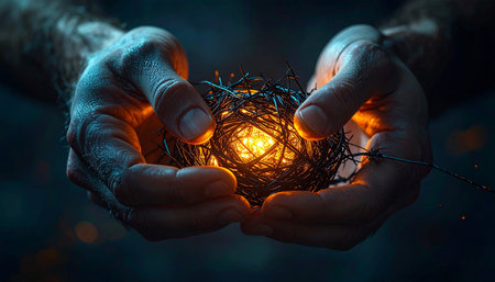 In the quiet darkness, a pair of weathered hands gently cradle a fragile nest.の素材