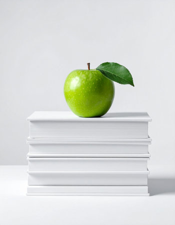 A crisp green apple rests atop a clean stack of white books, symbolizing the essential connection between knowledge and well-being.の素材