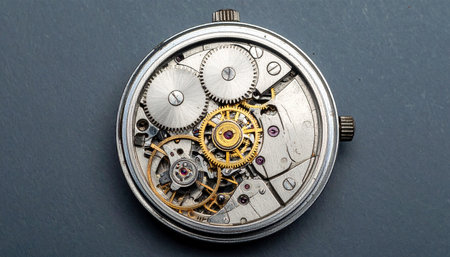 A detailed macro view reveals the complex and beautiful inner workings of a vintage timepiece.の素材