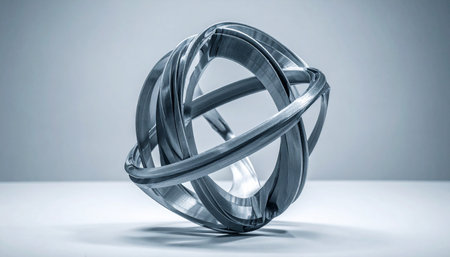 A sleek, metallic sphere composed of intricately interlocking rings rests on a clean, reflective surface.の素材