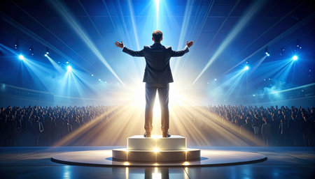 A charismatic leader stands in the spotlight, arms outstretched in a moment of triumph.の素材