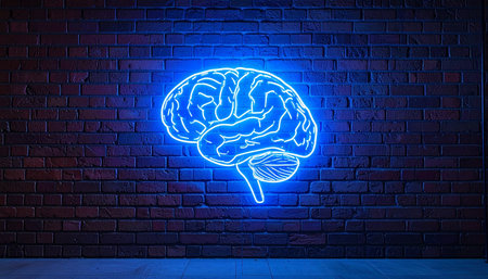 A vibrant blue neon brain illuminates a dark brick wall, symbolizing the spark of a new idea, the power of human intelligence, and the intersection of technology and biology.の素材