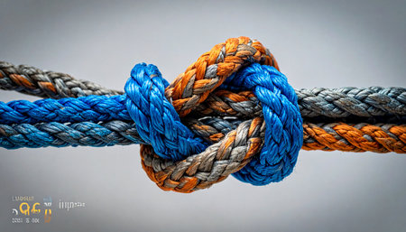 A close-up of two colorful, heavy-duty ropes securely intertwined.の素材