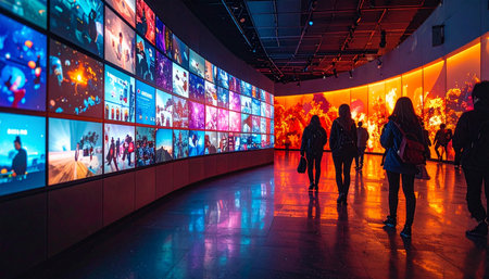 Silhouettes of visitors walk through a futuristic gallery, captivated by an immense, curved video wall.の素材