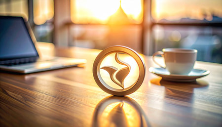 The golden morning sun illuminates a modern workspace, casting a warm glow on a physical Peercoin.の素材