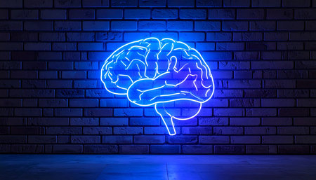 A vibrant blue neon brain illuminates a dark brick wall, casting a futuristic glow.の素材