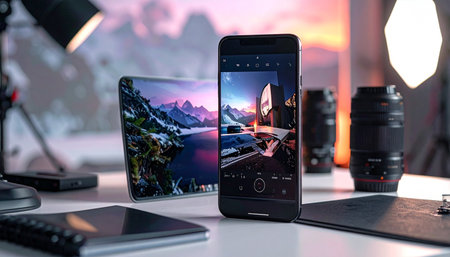 A content creator's desk at dusk, showcasing a seamless digital workflow.の素材