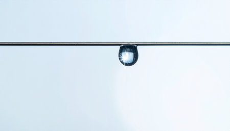 A single, perfect droplet of water clings precariously to a thin line, captured in a moment of suspended animation.の素材