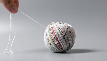 A single white thread is gently pulled from a complex, multicolored ball of yarn, symbolizing the start of a new project, the beginning of a journey, or the process of unraveling a complicated idea.の素材