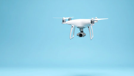 A sleek, white camera drone hovers silently against a clean blue sky, ready to capture stunning aerial footage.の素材