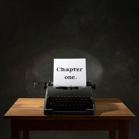 In a dimly lit room, a classic typewriter sits poised on a wooden desk, a single sheet of paper held in its grasp. The words 'Chapter one.の素材