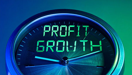The clock is ticking towards greater financial success. A modern, digital display replaces traditional numbers with the clear objective: profit growth.の素材