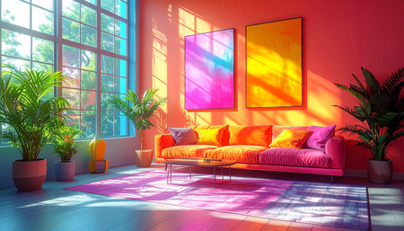 Sunlight streams through large loft windows, casting a vibrant rainbow of colors across a modern living room.の素材