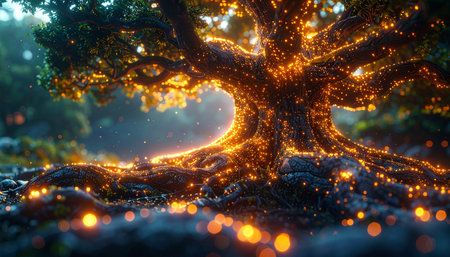 In the heart of a forgotten forest, an ancient tree pulses with a life force of its own.の素材