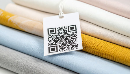 A QR code tag provides instant access to product information on a colorful stack of textiles.の素材