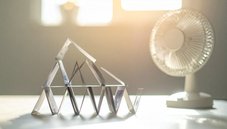 A carefully constructed house of cards stands on a table, bathed in warm sunlight from a nearby window.の素材